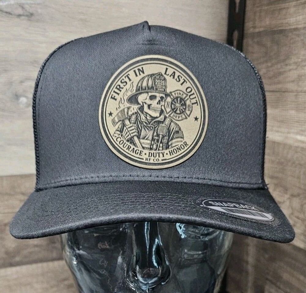 Firefighter Skull Leather Patch Hat RF CO. First In Last Out 5 Panel Snapback